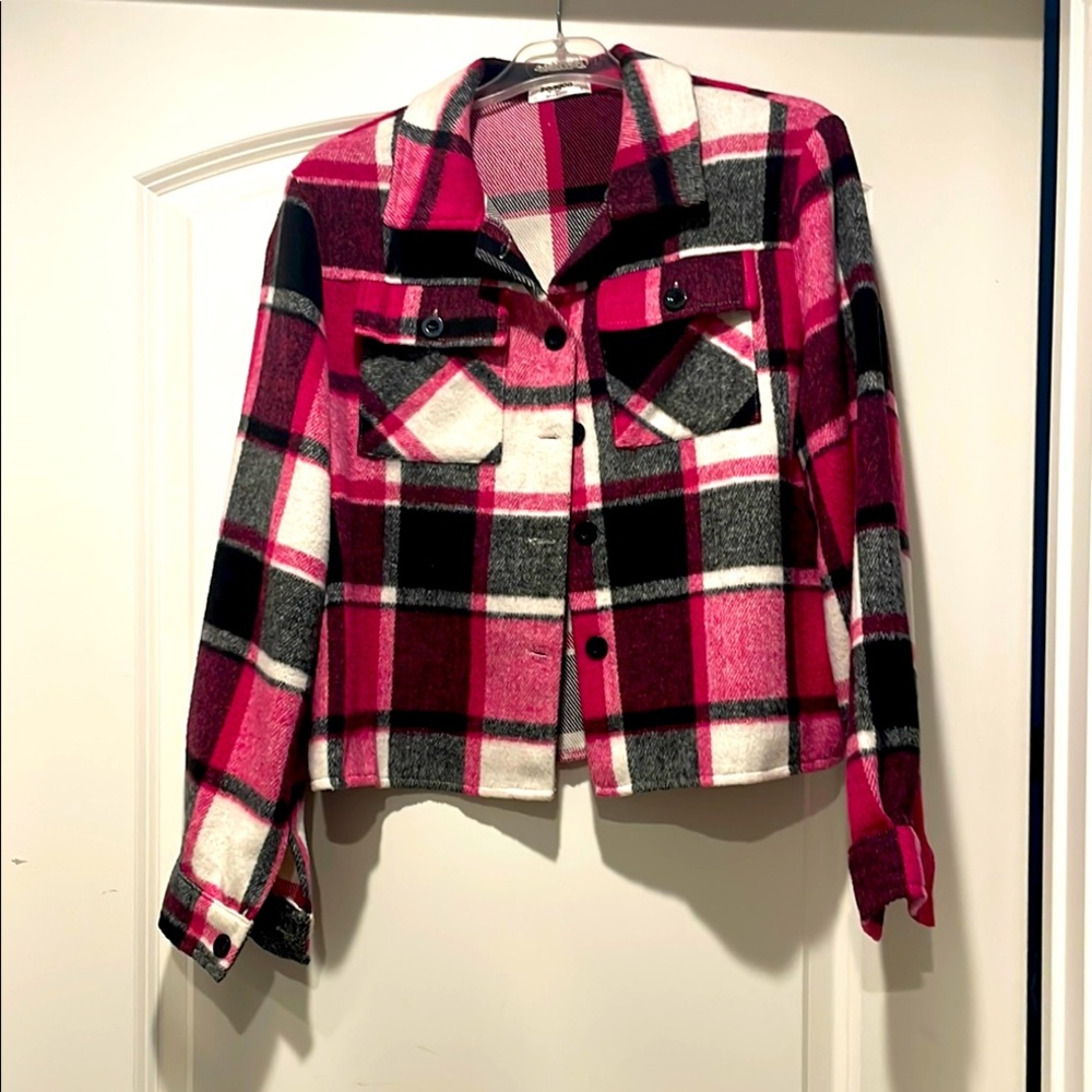 Plaid Women's shacket - Pink, Black, and White